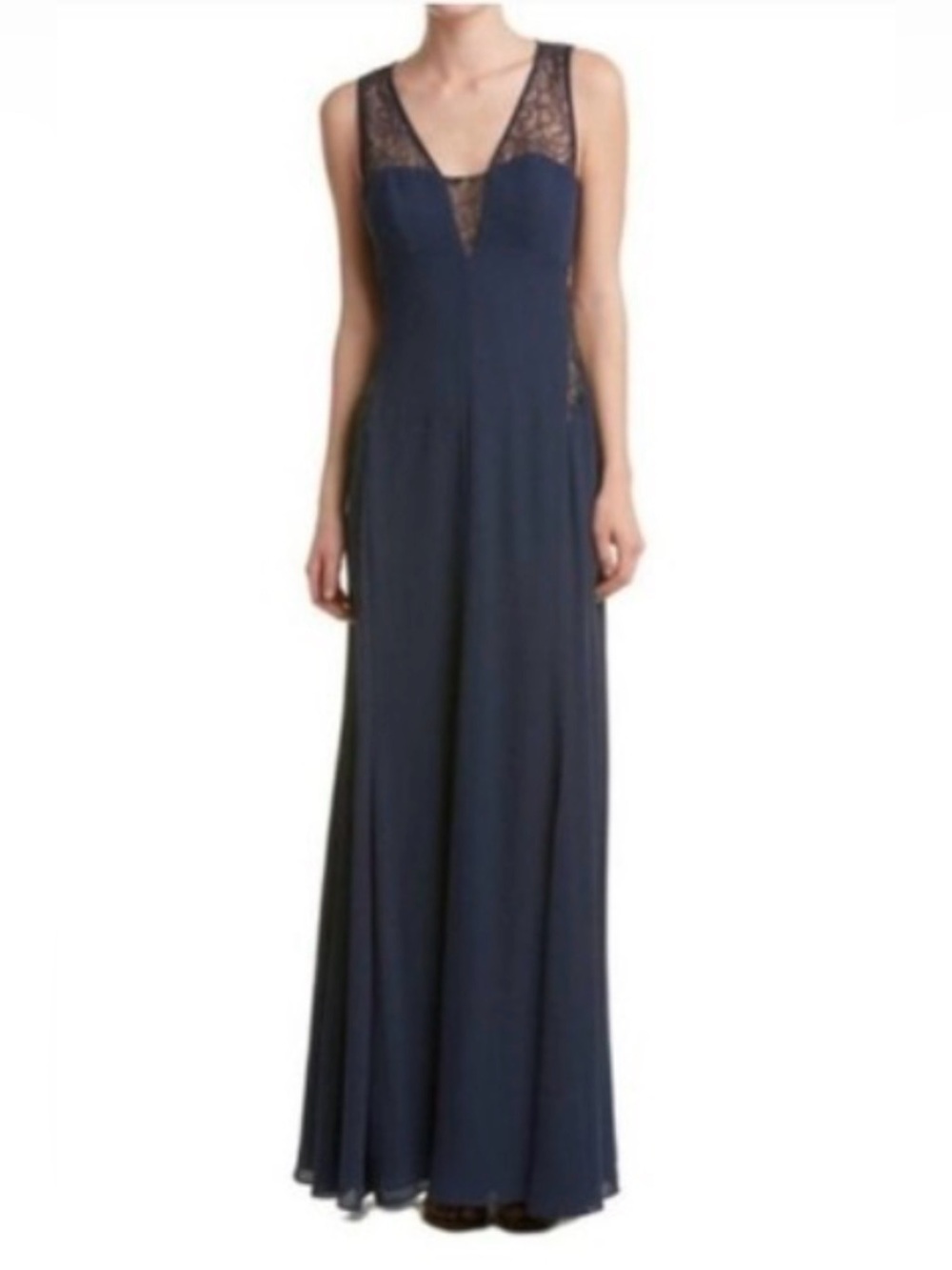 BCBGMaxAzria Navy Lace-Trim V-Neck Maxi Dress